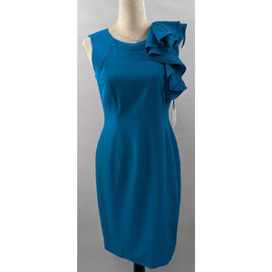NWT Calvin Klein Sheath Dress Bright Teal Blue 6 Sleeveless Ruffled Shoulder